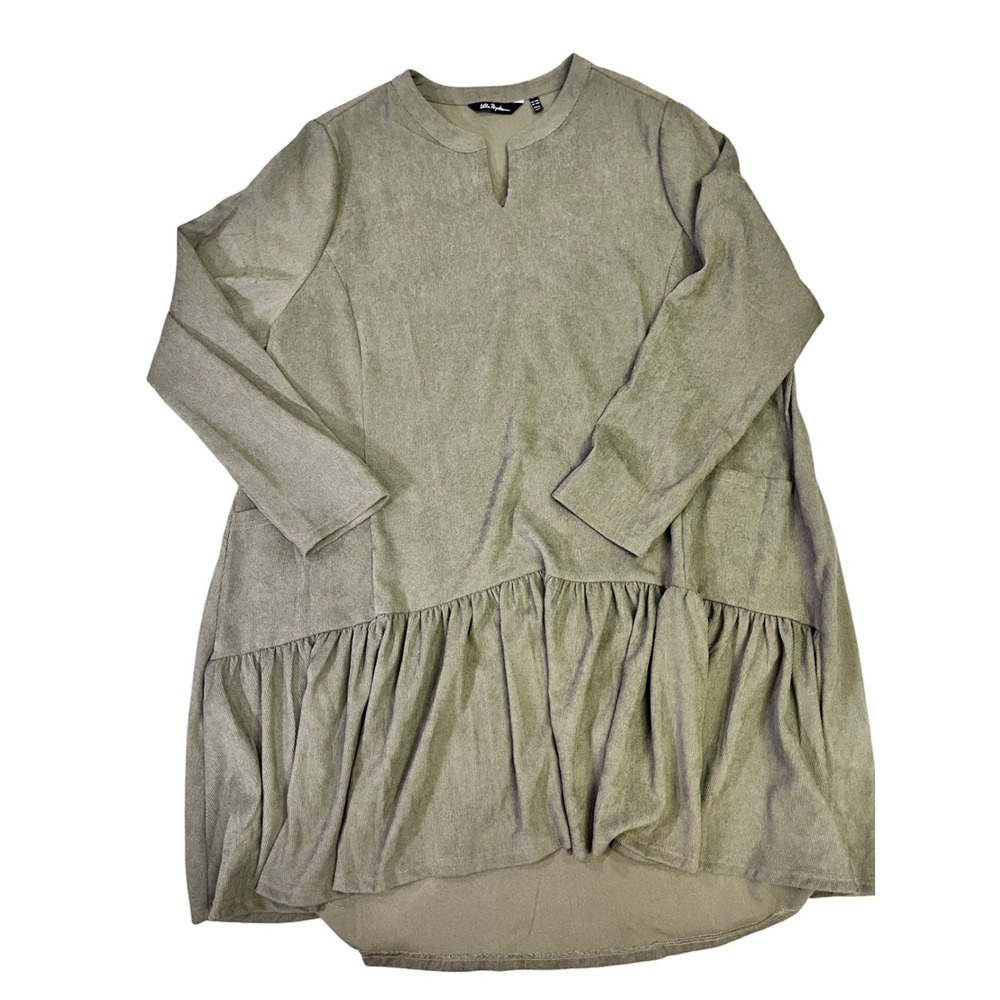 Ulla Popken Corduroy Tiered Long Sleeve Tunic Mini Dress Plus Size 20/22‎ Green